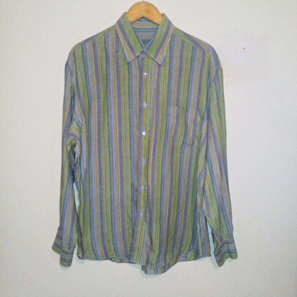 Bugatchi Uomo 100% Linen Vertical Striped Button Front Shirt-Large-Pocket-